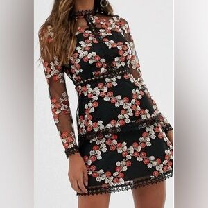 ASOS embroidered floral tiered metallic dress in black & pink colors Size 4 NWT
